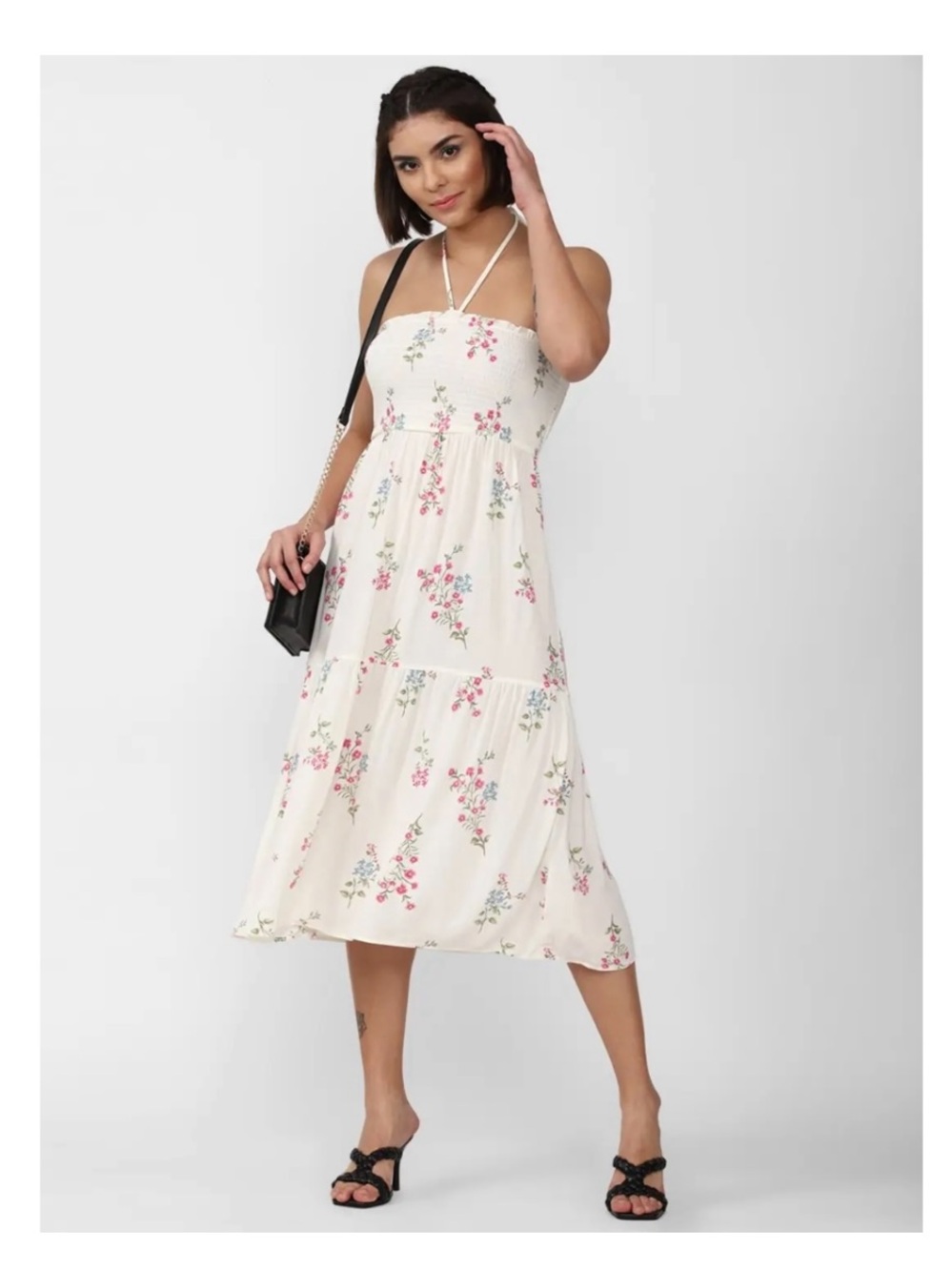Forever 21 nwt size medium halter neck Midi Dress with Pink & Green Floral Print